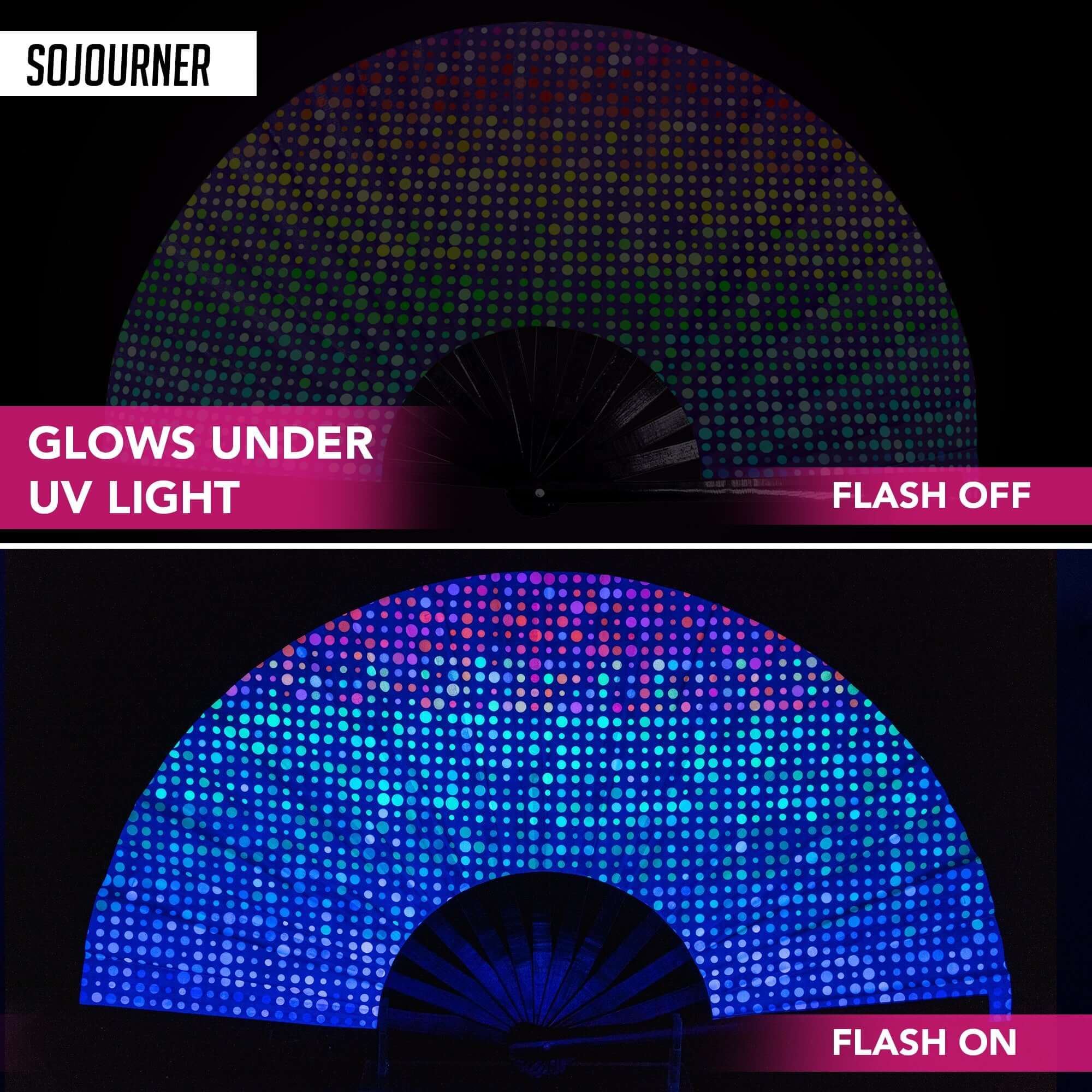 Festival Fans glowing under UV light, showcasing vibrant colors for rave outfits and festival fun.