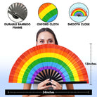 Festival Fans with rainbow design, perfect for raves and drag queens, showcasing durability and vibrant colors.