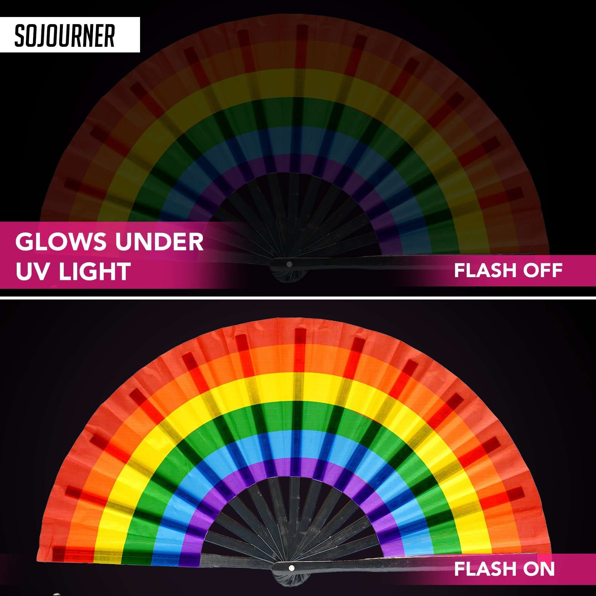 Festival Fans showcasing vibrant rainbow colors that glow under UV light, perfect for rave outfits and festivals.