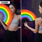 Colorful Festival Fans in rainbow design, perfect for rave outfits and drag performances.