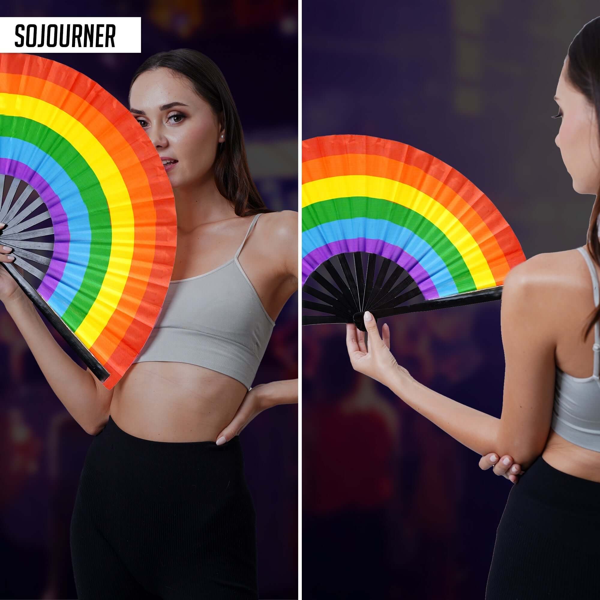 Colorful Festival Fans in rainbow design, perfect for rave outfits and drag performances.