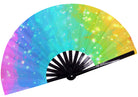 Festival Fans in vibrant rainbow colors, perfect for rave outfits and stylish accessories for festivals and performances.