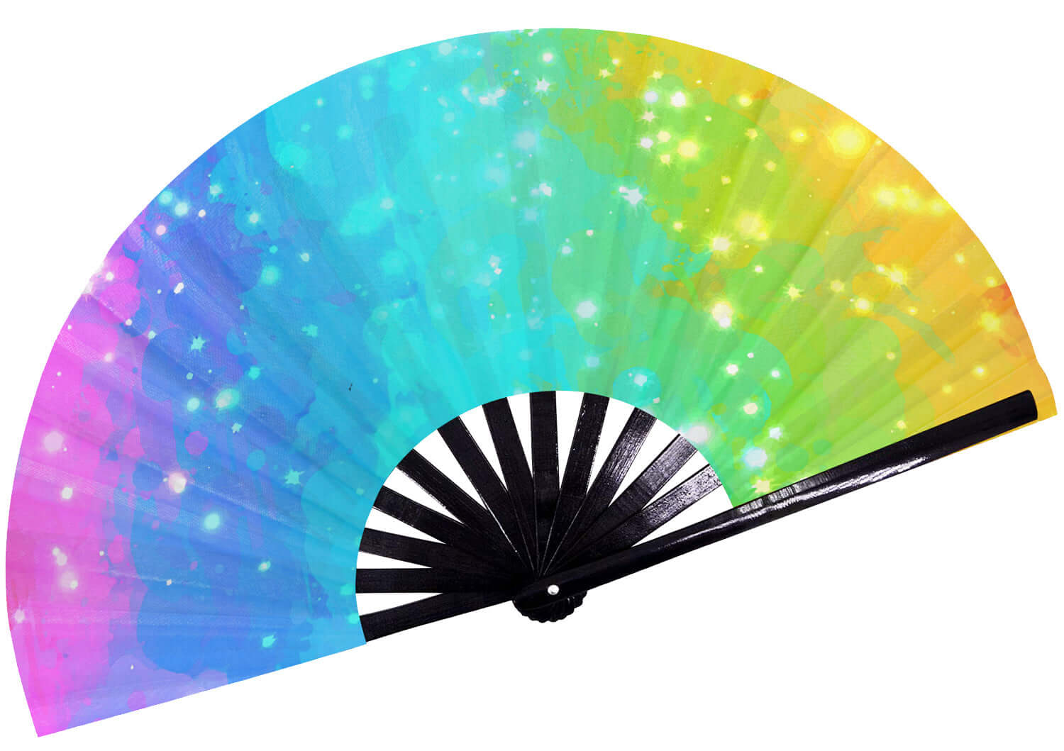 Festival Fans in vibrant rainbow colors, perfect for rave outfits and stylish accessories for festivals and performances.