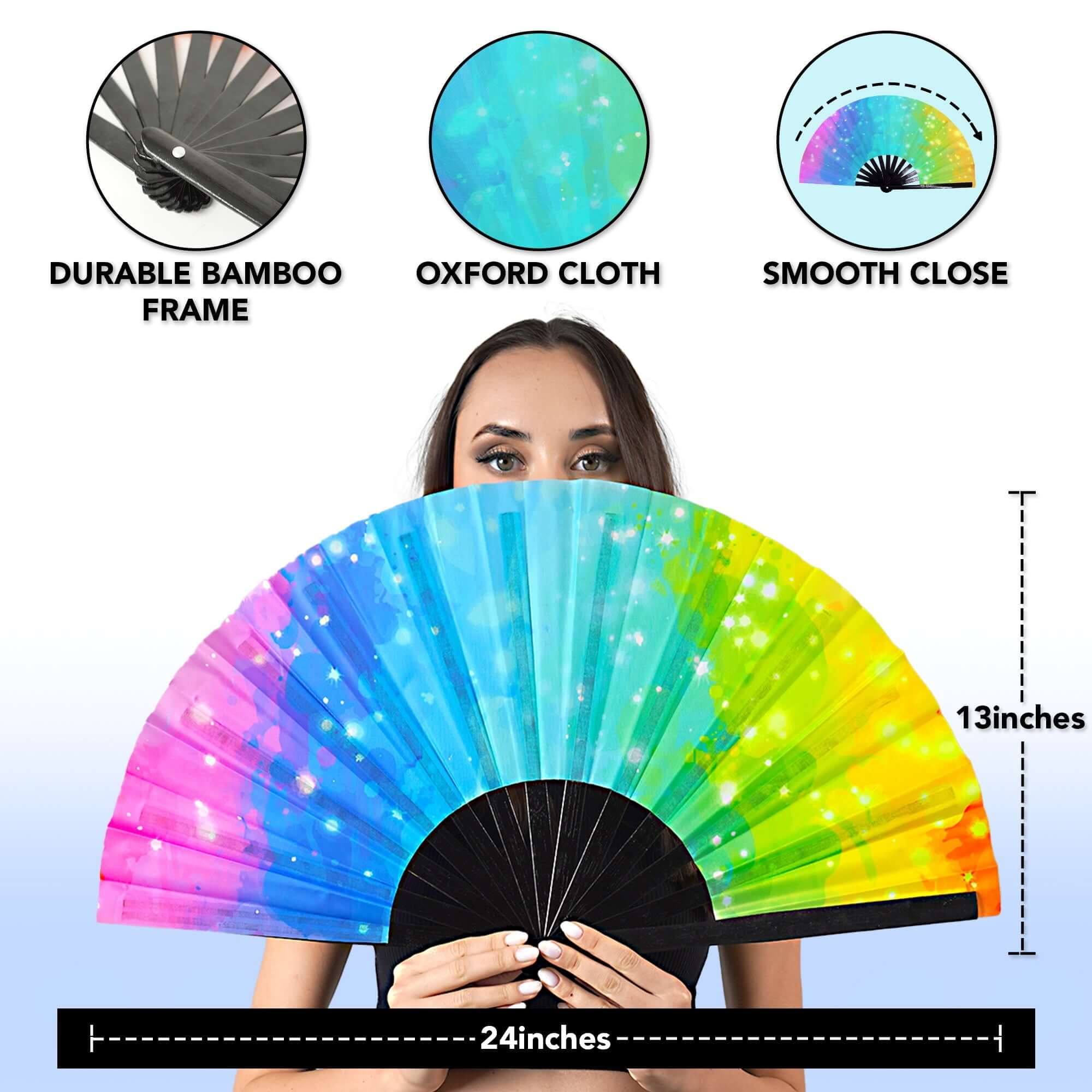 Festival Fans – Large, colorful folding fan with durable bamboo frame, perfect for rave outfits and outdoor festivals.