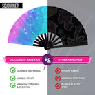 Festival Fans: SoJourner Rave Fan comparison showing durable materials and unique prints.