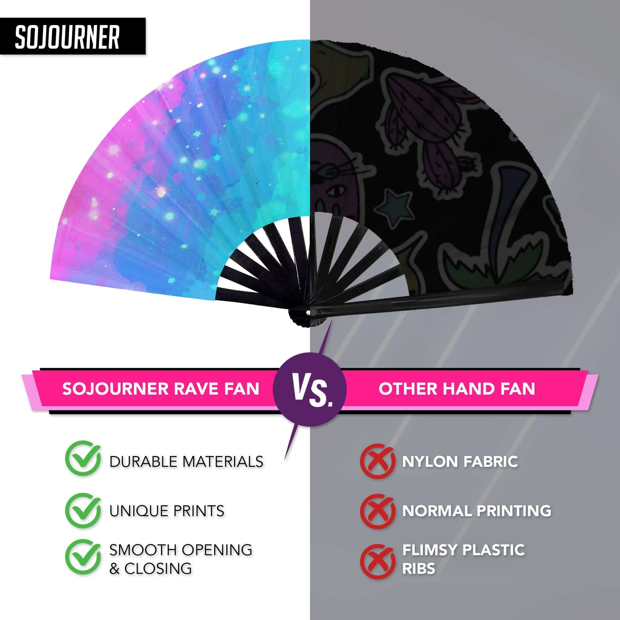 Festival Fans: SoJourner Rave Fan comparison showing durable materials and unique prints.