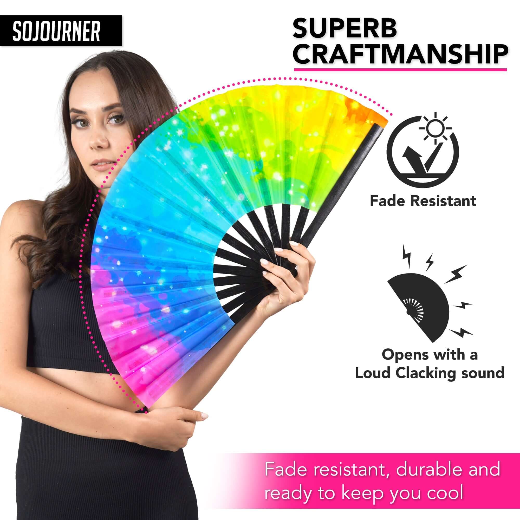 Festival Fans - Handmade large folding fan with vibrant rainbow colors, perfect accessory for raves and festivals.
