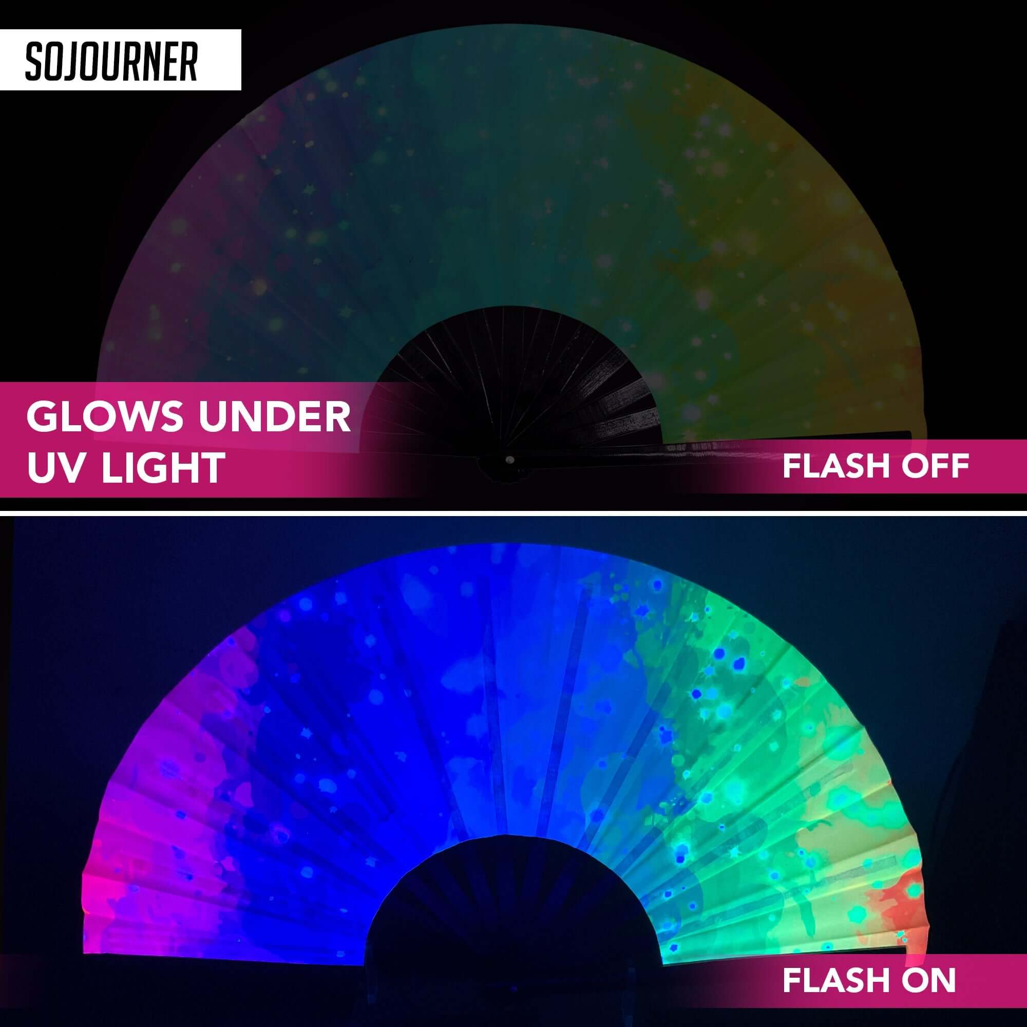 Festival Fans glowing under UV light, showcasing vibrant colors for rave outfits and festival fun.