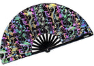 Colorful large folding Festival Fans with jellyfish pattern, perfect for rave outfits and drag queen events.