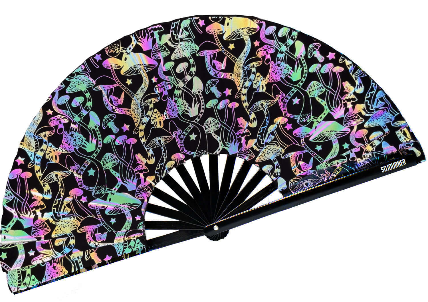 Colorful large folding Festival Fans with jellyfish pattern, perfect for rave outfits and drag queen events.