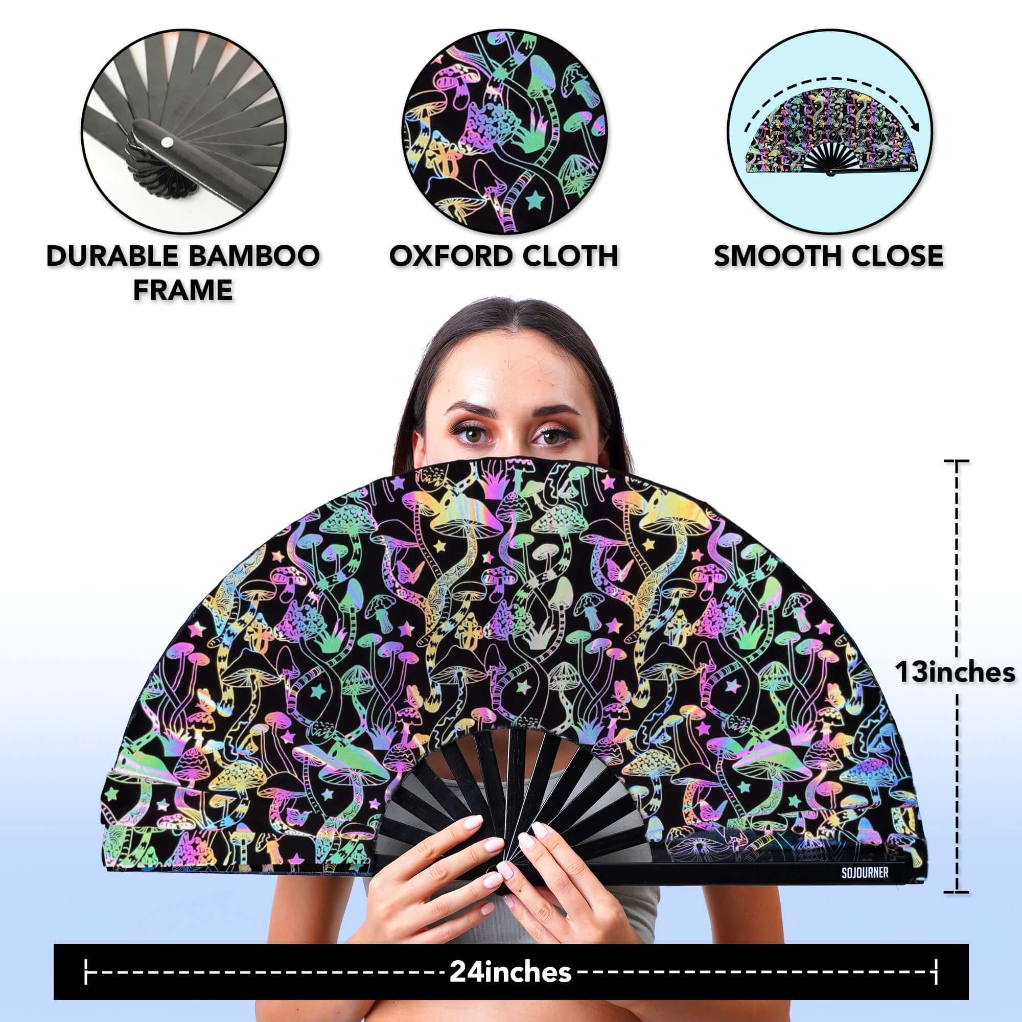 Large Festival Fans with vibrant design, perfect for rave outfits and festivals, showcasing durable bamboo frame.