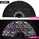 Festival Fans showcasing intricate designs in daylight and flash, perfect for rave outfits and festivals.