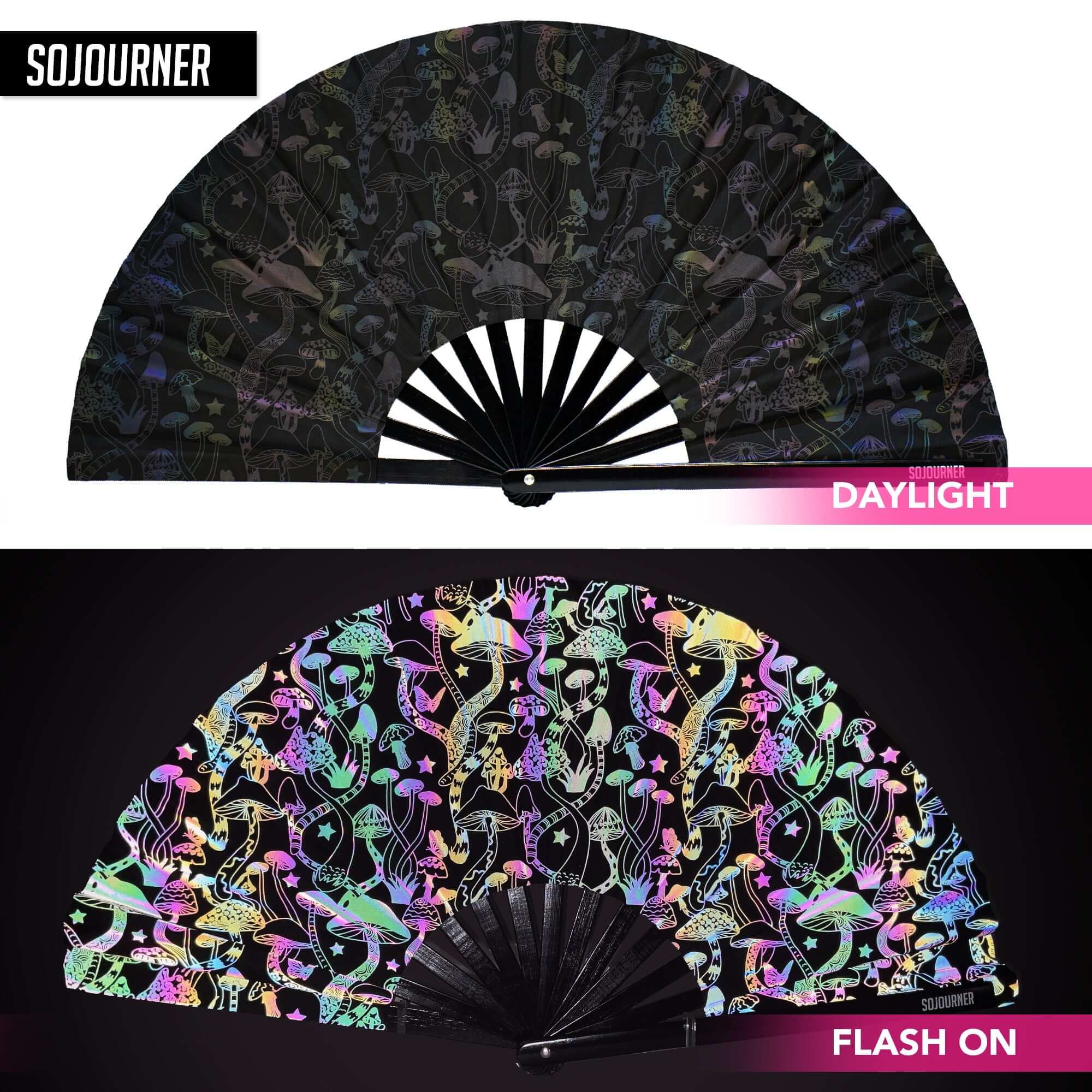 Festival Fans showcasing intricate designs in daylight and flash, perfect for rave outfits and festivals.
