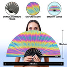 Large colorful Festival Fans with durable bamboo frame, showcasing holographic design for rave outfits.