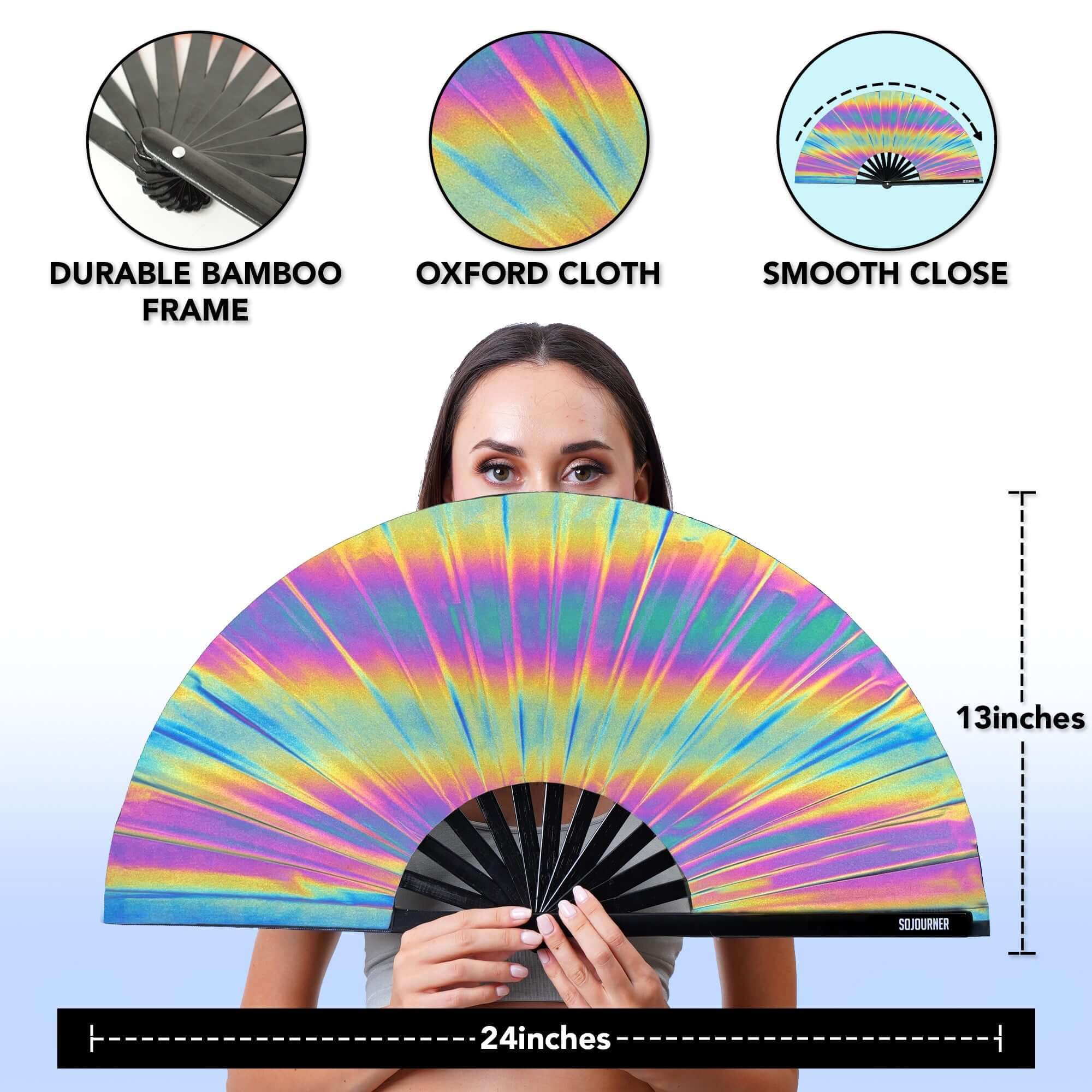Large colorful Festival Fans with durable bamboo frame, showcasing holographic design for rave outfits.