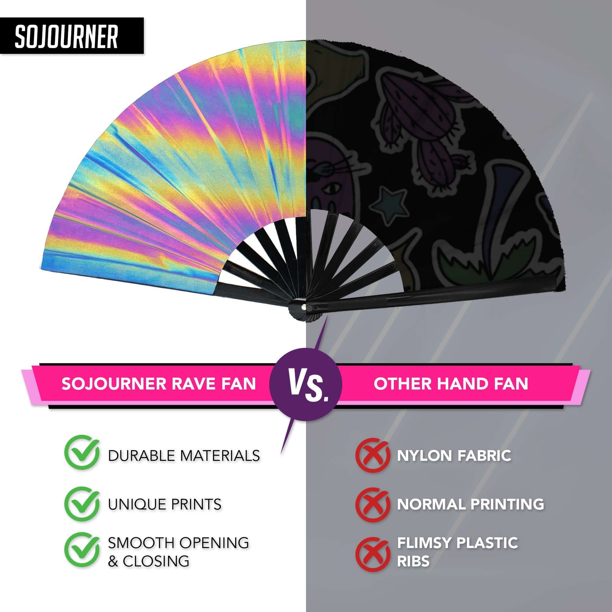 Festival Fans comparison: SoJourner Rave Fan vs other hand fans with unique prints and durable materials.