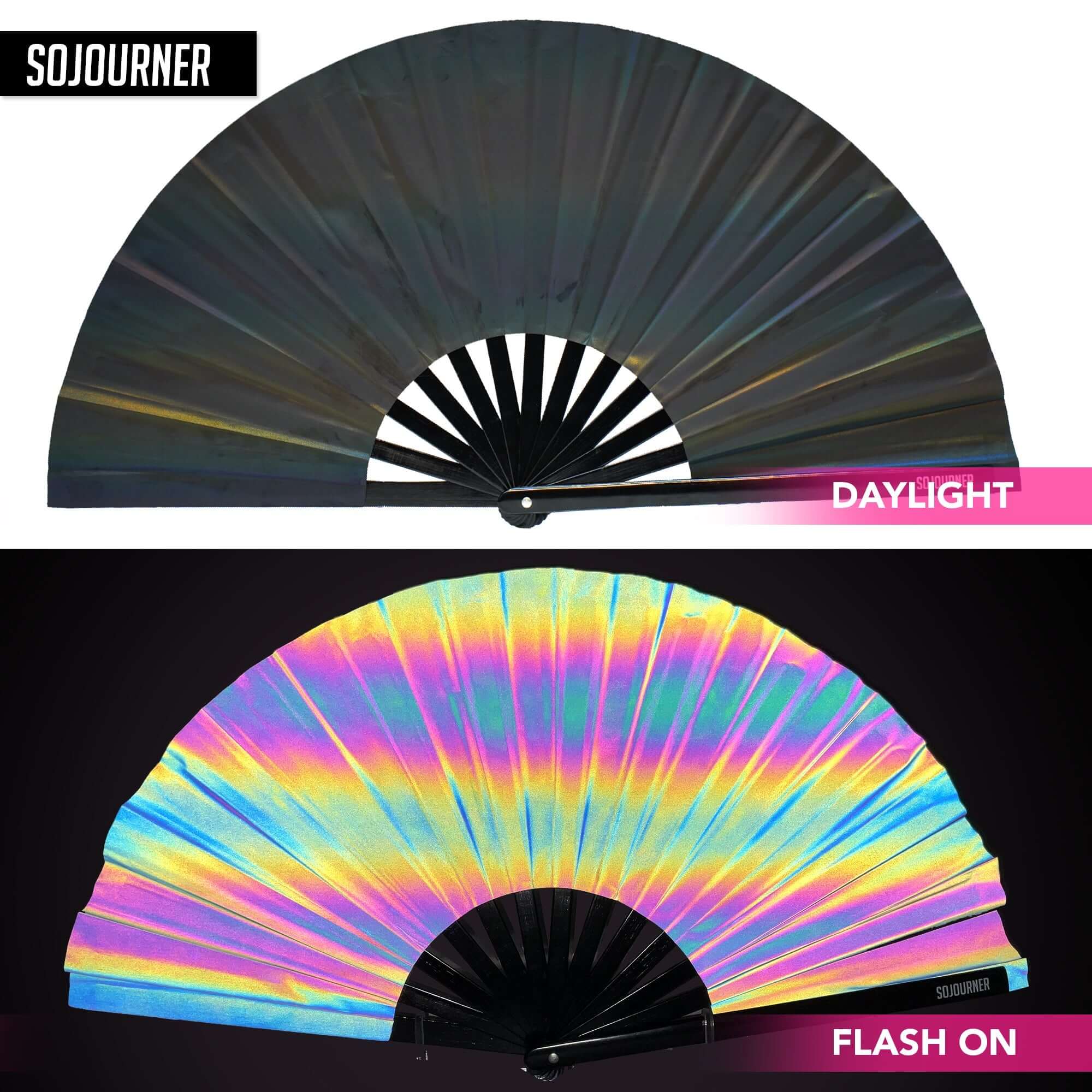 Festival Fans showcasing an iridescent design in daylight and flash, perfect for rave outfits and events.