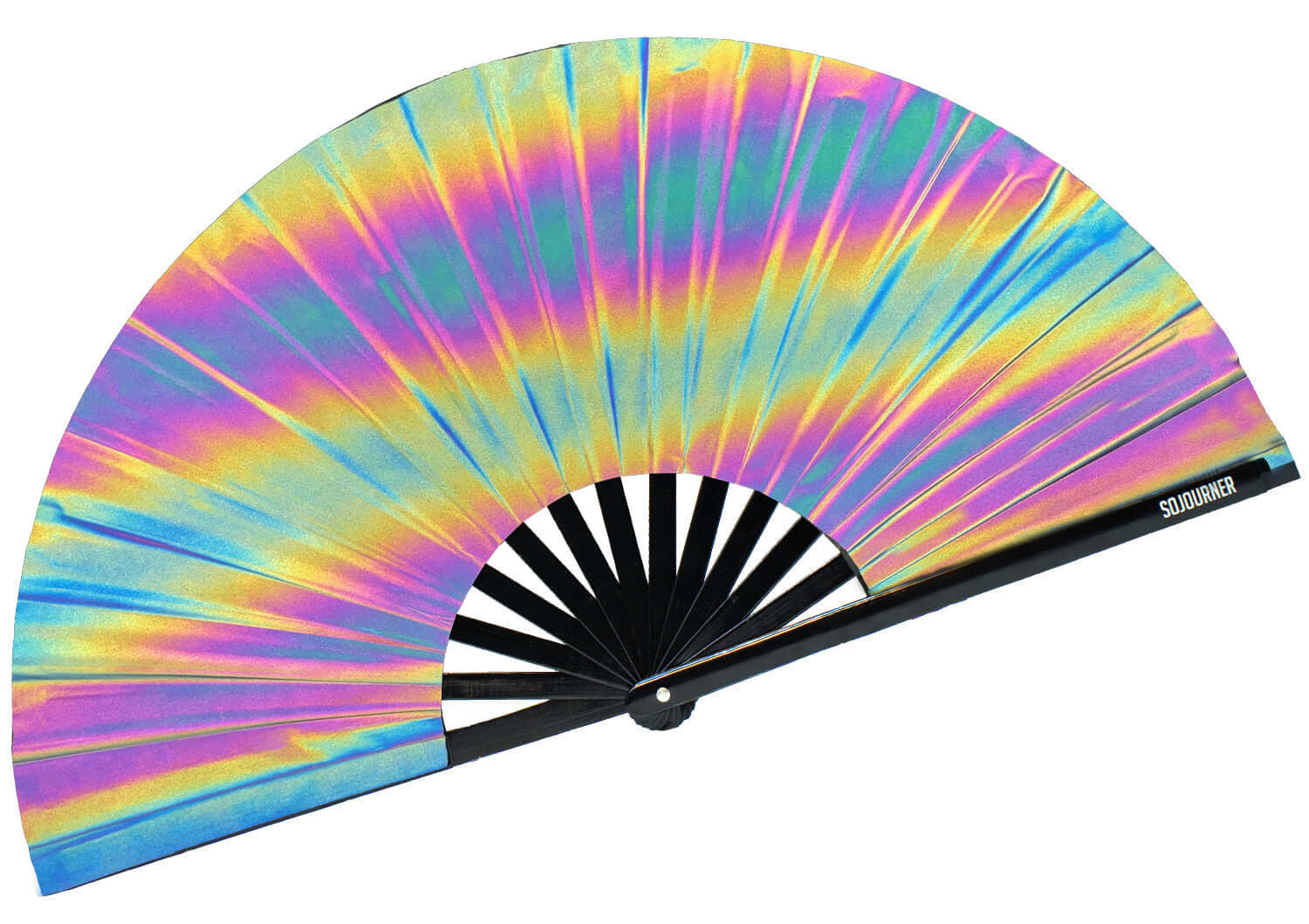 Festival Fans in vibrant holographic colors, perfect rave accessories for dancing and performances.