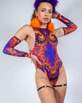 Model showcasing the Radiance Sideboob Bodysuit with psychedelic print, perfect for rave outfits.