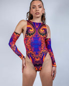 Radiance Sideboob Bodysuit featuring bold psychedelic print and chic cutouts, perfect for rave outfits.