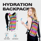 Hydration Pack Backpack (Small) model showcasing lightweight design and colorful pattern, perfect for Rave Outfits.