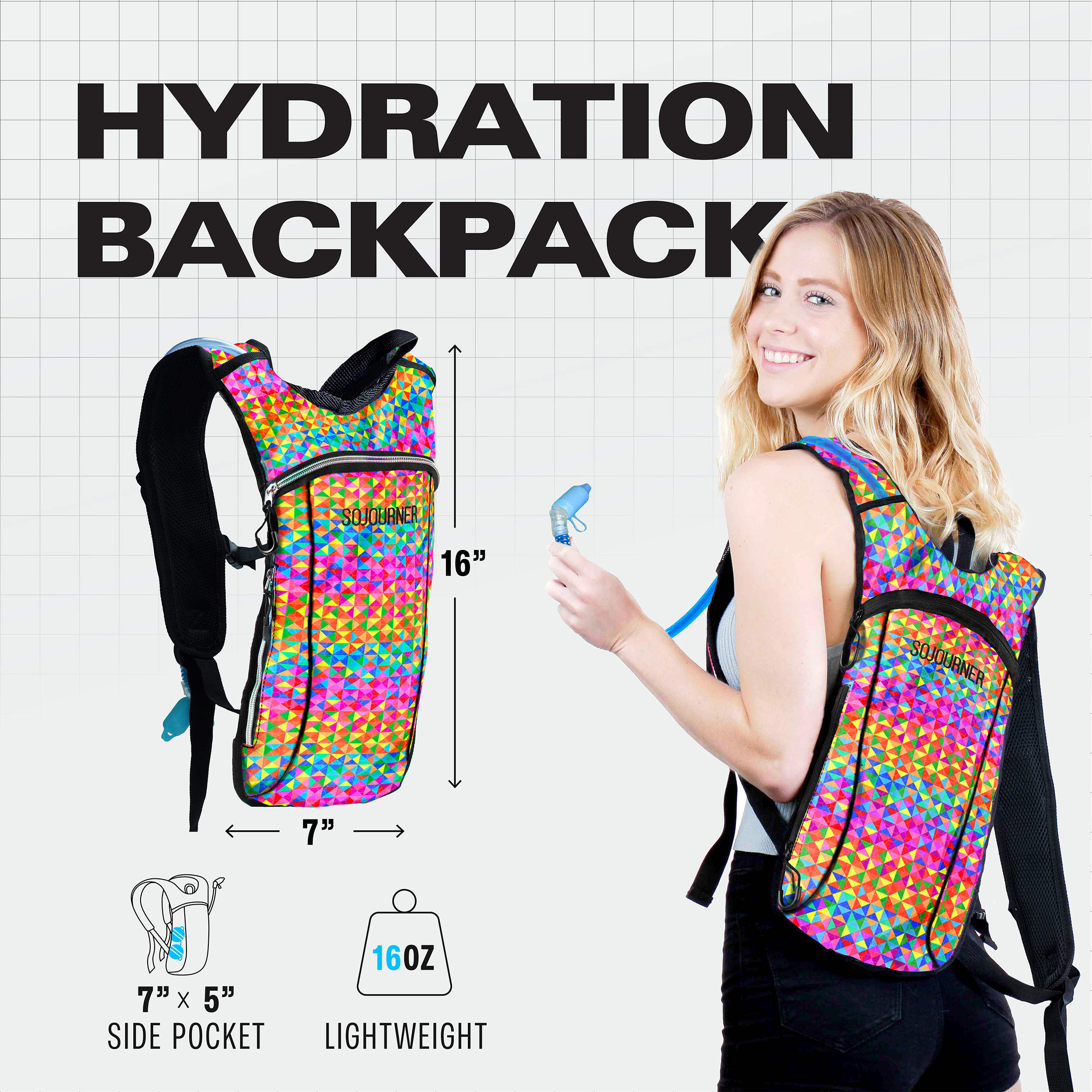 Hydration Pack Backpack (Small) model showcasing lightweight design and colorful pattern, perfect for Rave Outfits.