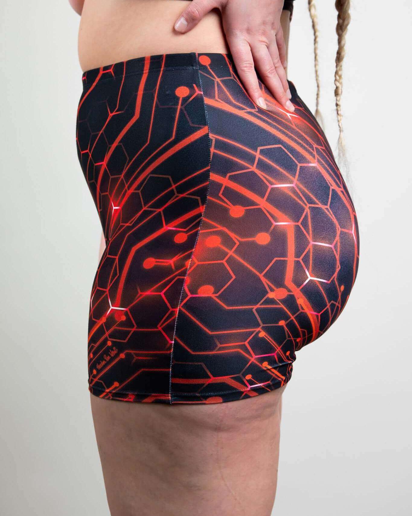 Red Singularity High Waist Shorts showcasing stylish design and comfortable fit, perfect for rave outfits.