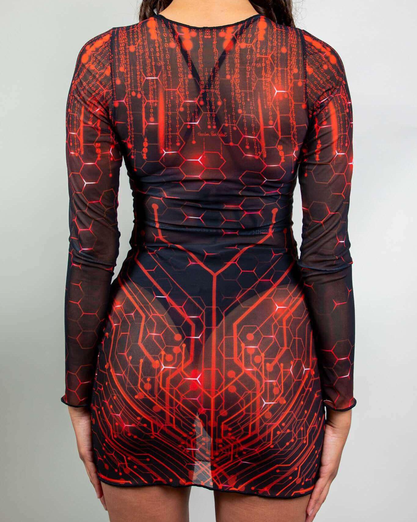 Red Singularity Mesh Long Sleeve Dress with vibrant pattern, perfect for rave outfits, showcasing unique back design.