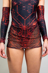 Vibrant red circuit patterned bodysuit paired with a sheer mesh mini skirt, perfect for electrifying appearances at any rave event from Freedom Rave Wear