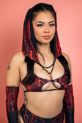 Freedom Rave Wear red circuit-themed rave top and hood combo, featuring unique digital patterns for a standout look