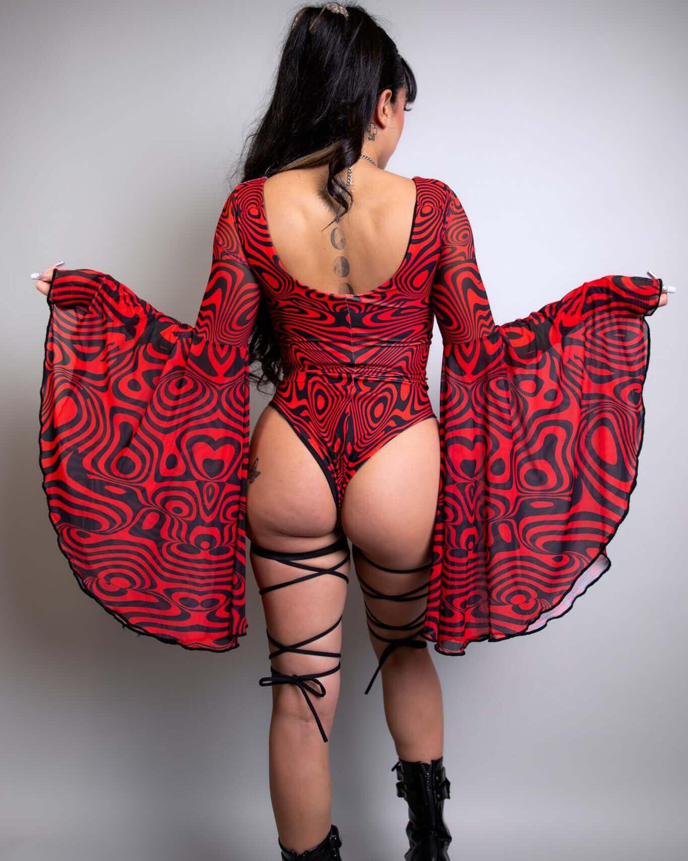 Red Void Goddess Bodysuit with dramatic circle sleeves and lace-up detailing, perfect for rave outfits.