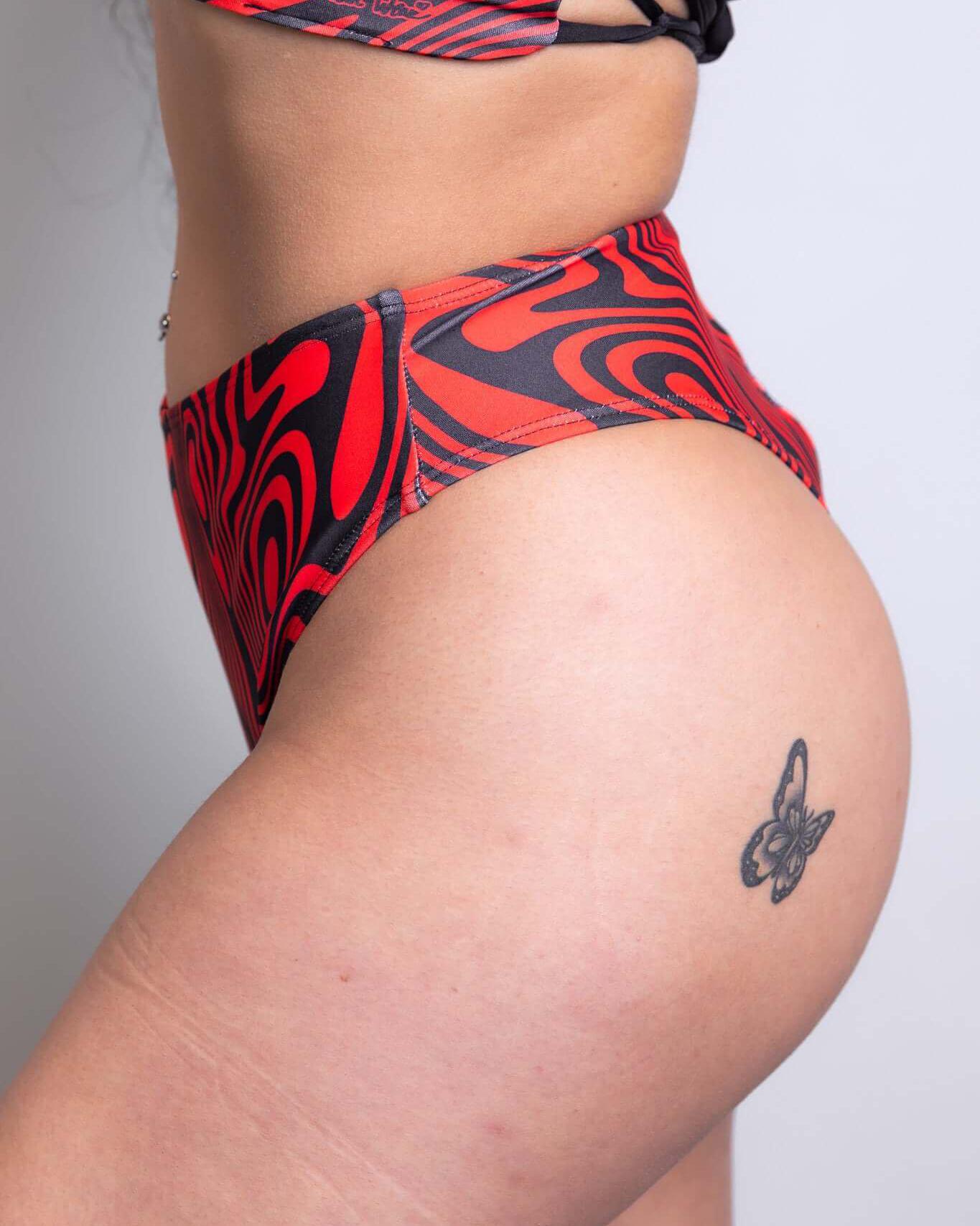 Red Void High Waisted Thong showcasing a cheeky cut, perfect for rave outfits and made from recycled materials.