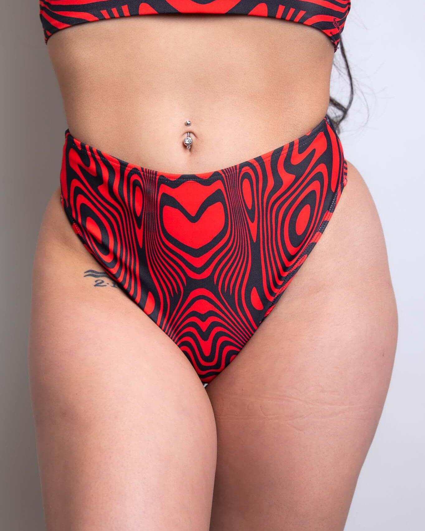 Red Void High Waisted Thong showcasing soft, stretchy fabric, perfect for rave outfits and designed for extra cheeky comfort.