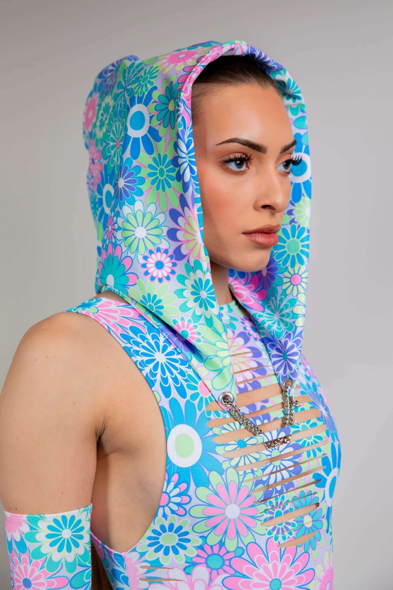 Retro Bloom Assassin Hood Freedom Rave Wear Color: Blue/Pink/Purple