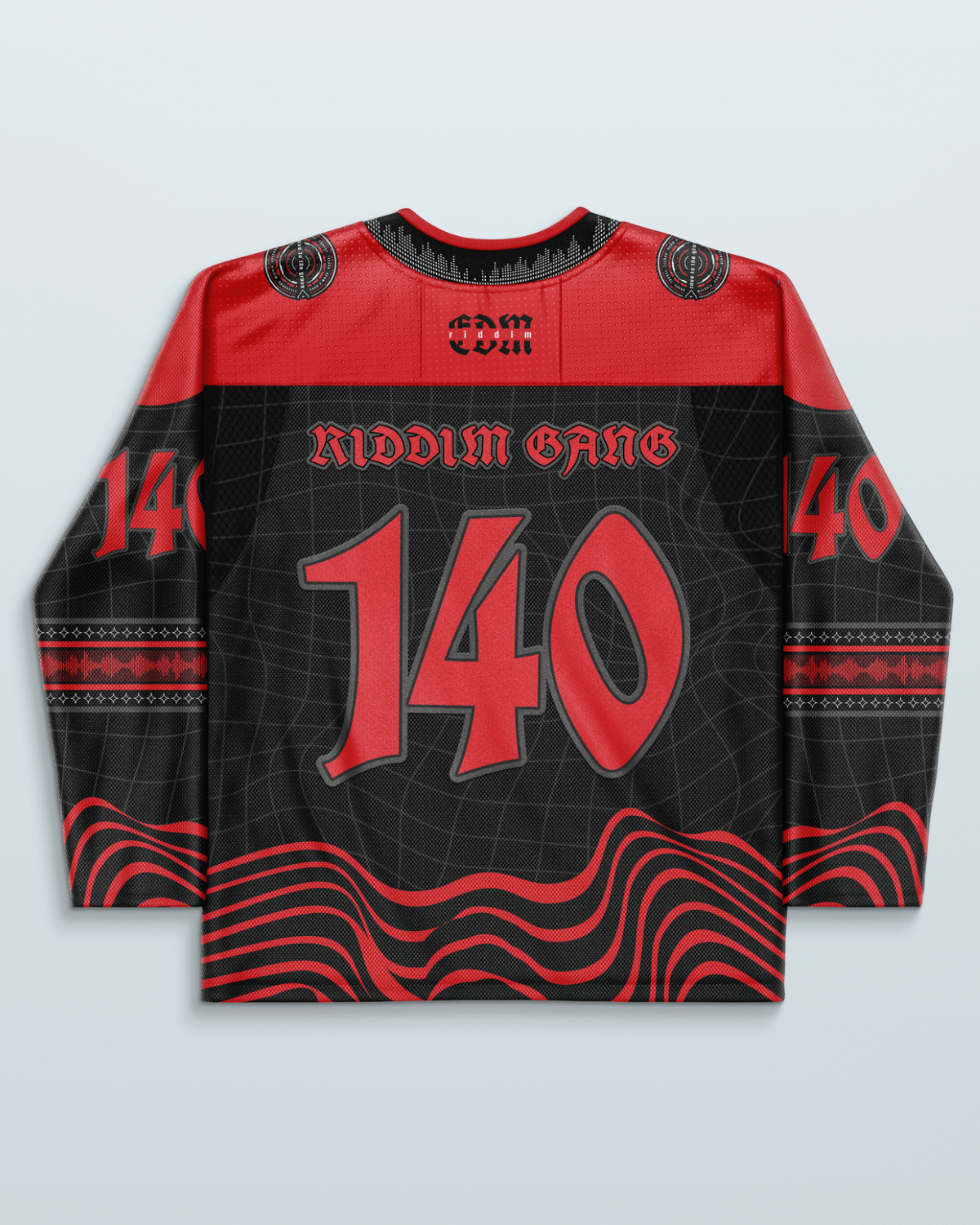 Riddim Hockey Jersey in black and red featuring 'Riddim Gang' and '140' designs, perfect for rave outfits.