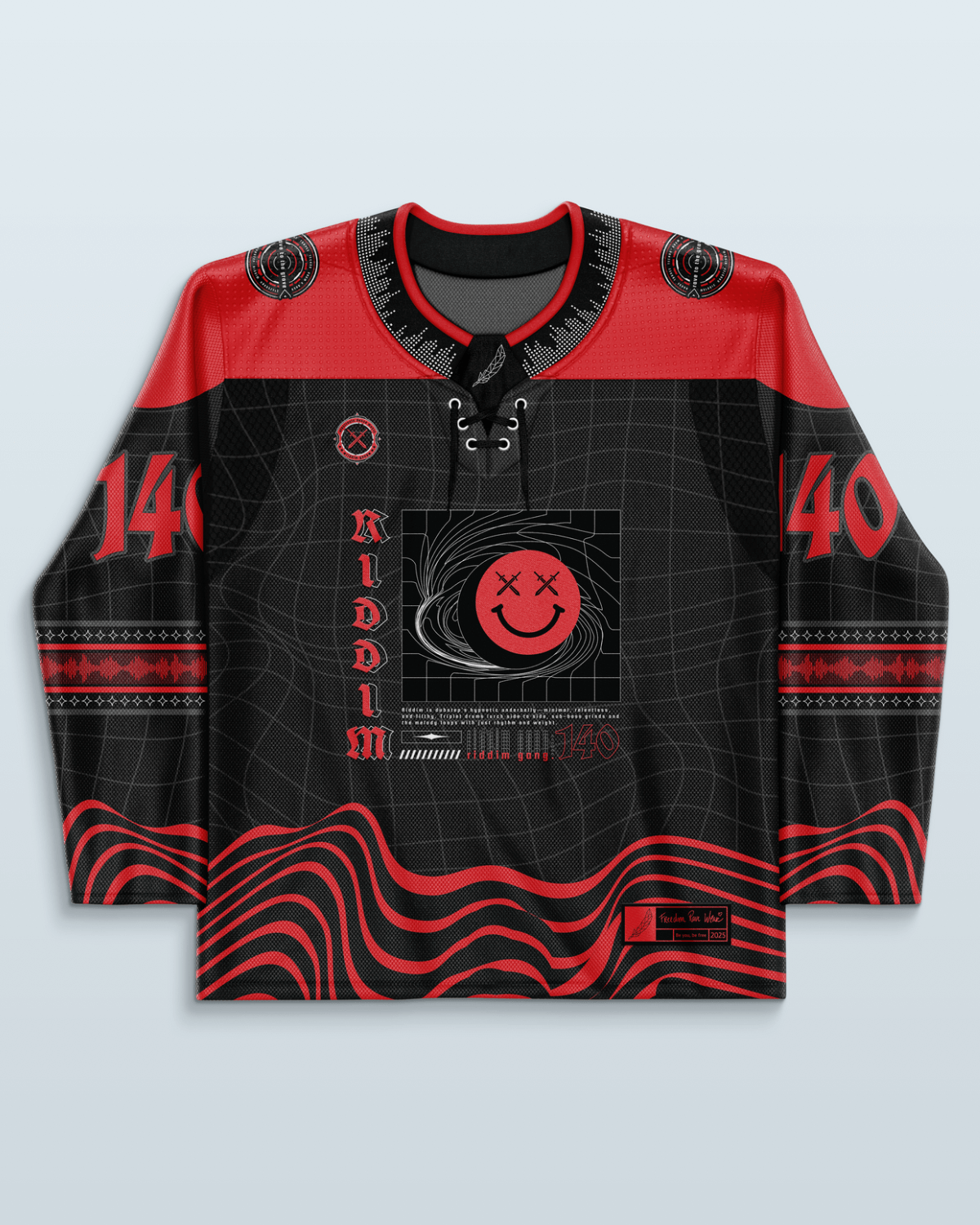 Riddim Hockey Jersey in black and red, perfect for rave outfits and celebrating EDM culture.