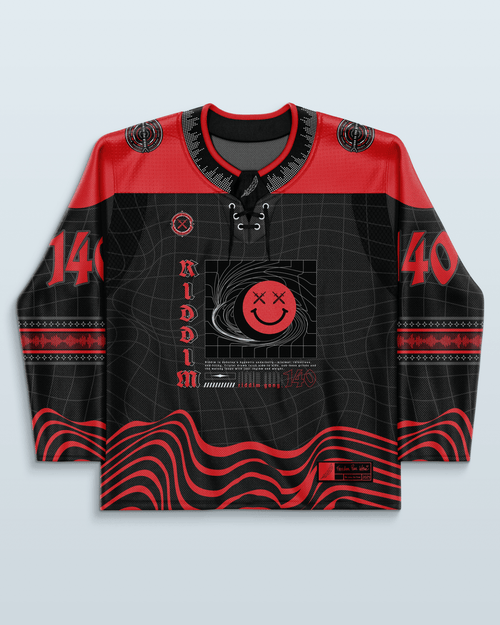 Riddim Hockey Jersey in black and red, perfect for rave outfits and celebrating EDM culture.