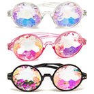 Steampunk Goggles and Kaleidoscope Glasses in various colorful styles with gradient crystal lenses.