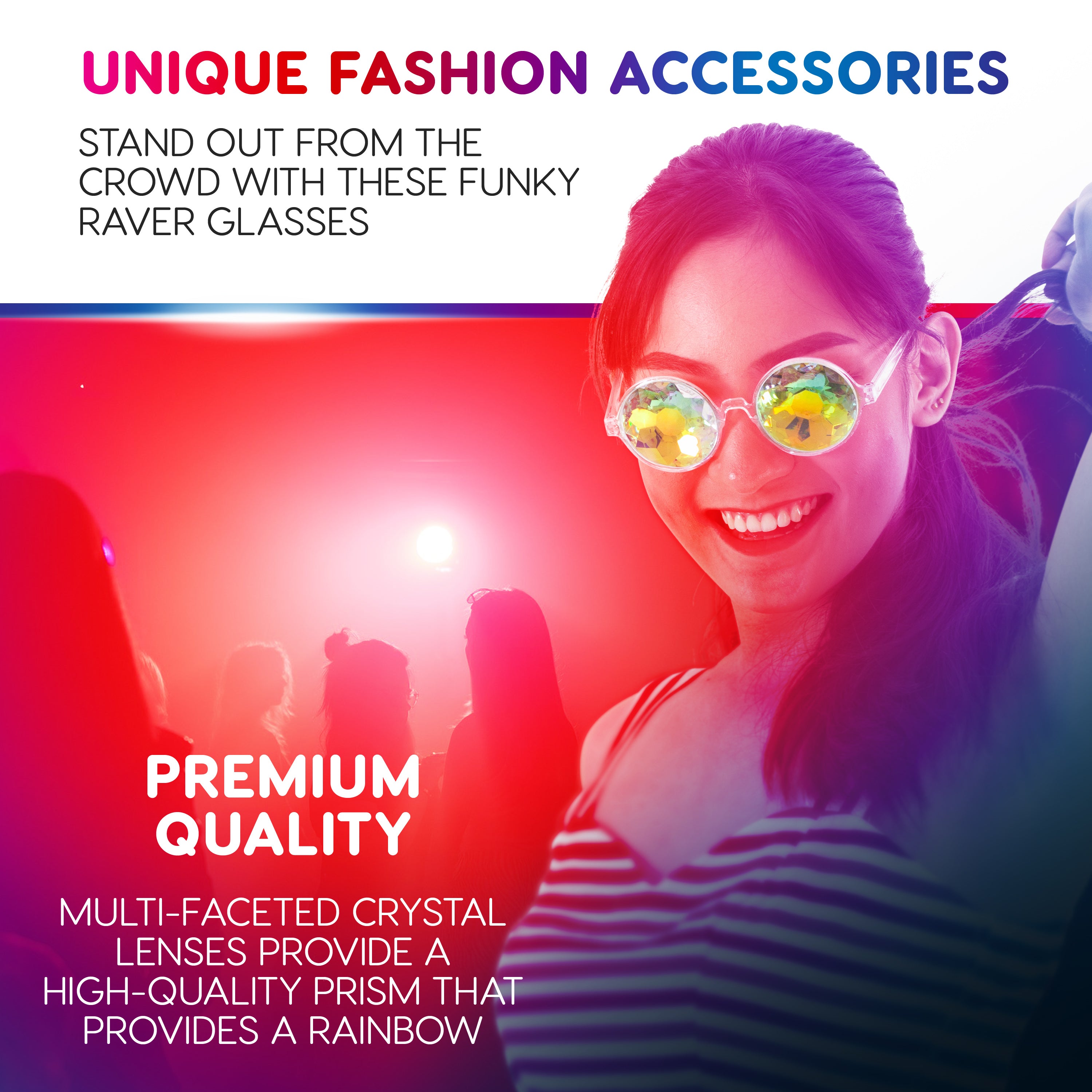 Steampunk Goggles and Kaleidoscope Glasses, unique fashion accessories with multi-faceted crystal lenses for rave outfits.