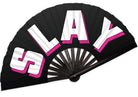 Festival Fans - Black folding fan with bold 'SLAY' lettering, perfect for rave outfits and vibrant festivals.