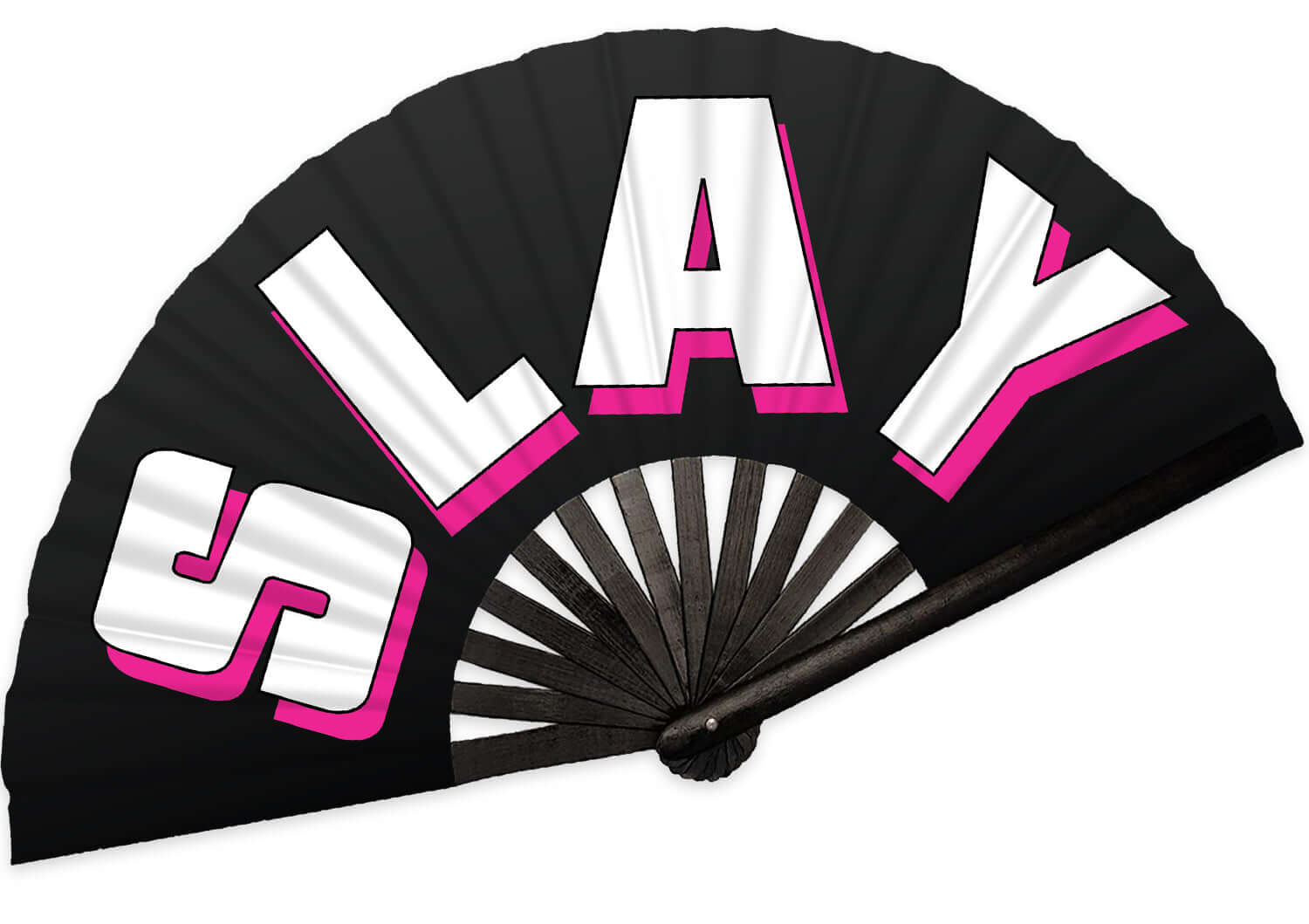 Festival Fans - Black folding fan with bold 'SLAY' lettering, perfect for rave outfits and vibrant festivals.