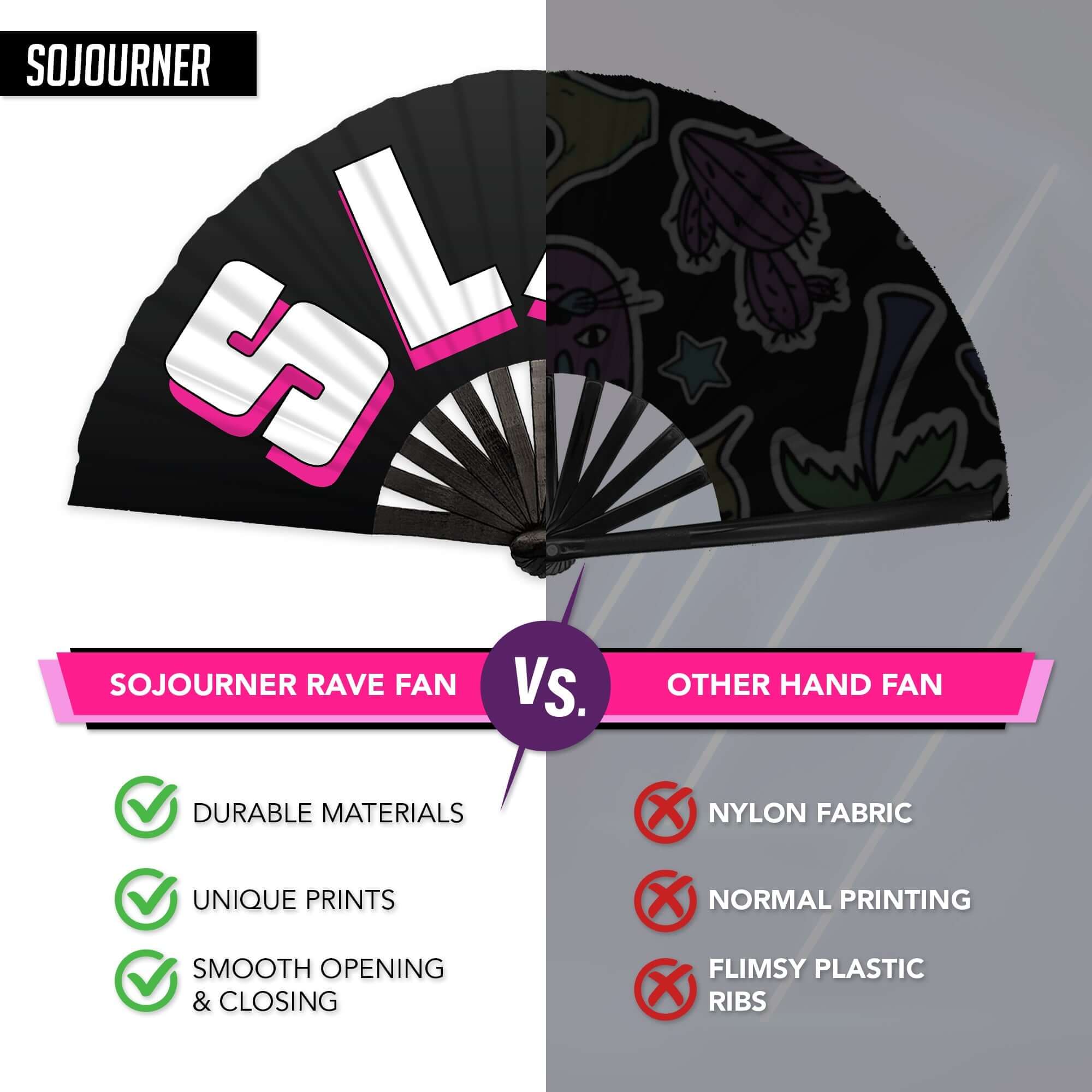 Festival Fans showcasing SoJourner rave fan durability and design compared to a standard hand fan.