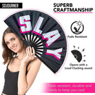Festival Fans in black with 'SLAY' text, perfect for raves and burlesque performances, showcasing superb craftsmanship.