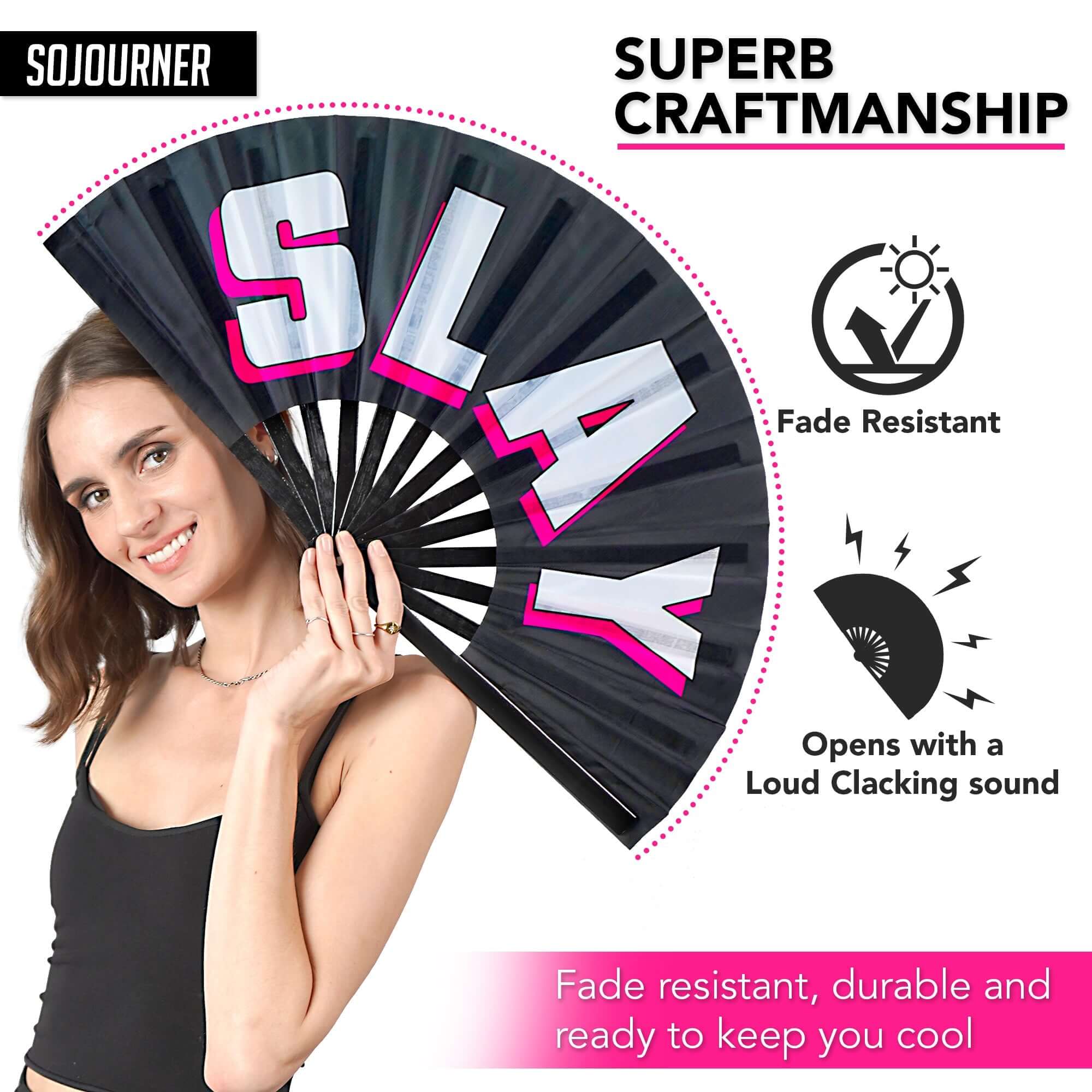 Festival Fans in black with 'SLAY' text, perfect for raves and burlesque performances, showcasing superb craftsmanship.