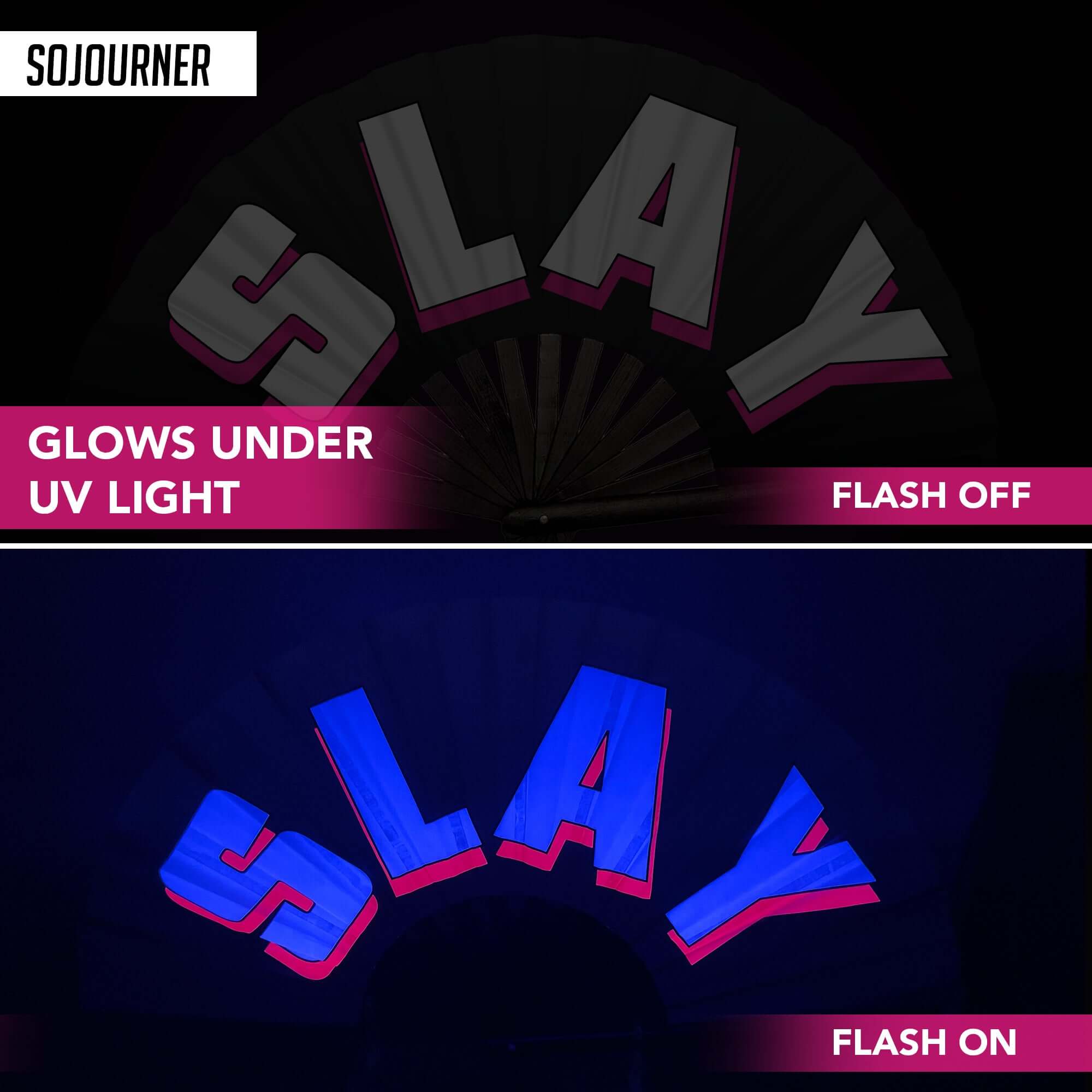 Festival Fans glowing under UV light, showcasing vibrant colors ideal for raves and festive occasions.