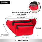 Fanny Pack (Solids) in red with dimensions, featuring spacious design for rave outfits and adjustable belt.