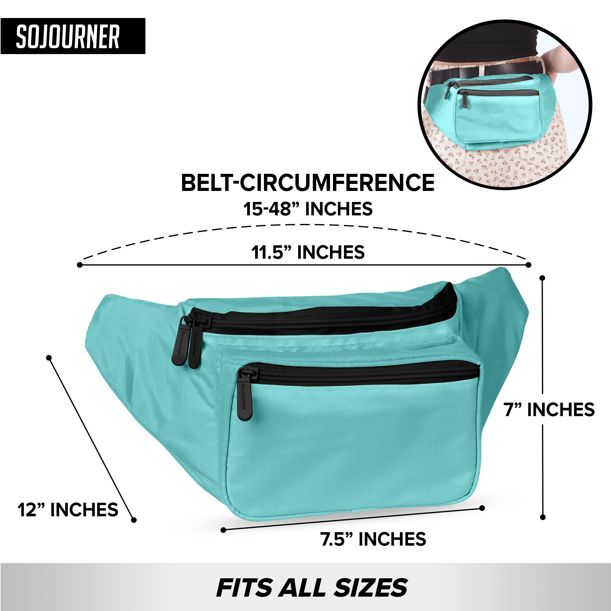 Fanny Pack (Solids) in teal, spacious 3-pocket design with adjustable belt, fits all sizes for rave outfits.