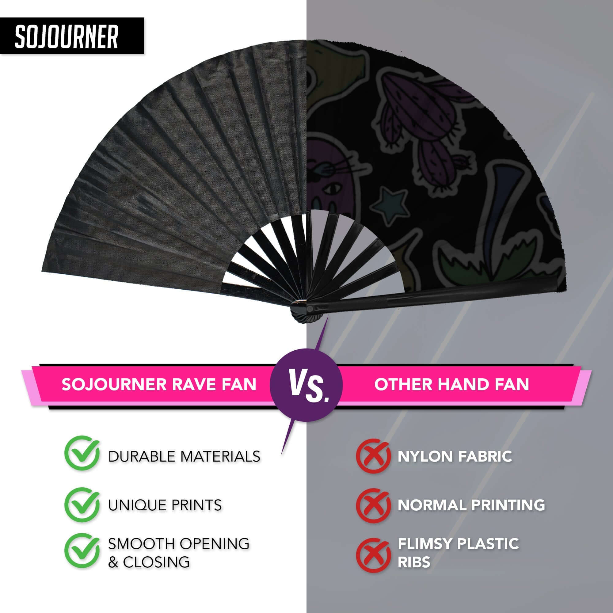 Festival Fans comparison between SoJourner Rave fan and other hand fans showing durability and unique prints.