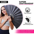 Festival Fans showing a woman holding a large folding fan, ideal for rave outfits and festivals, showcasing superb craftsmanship.