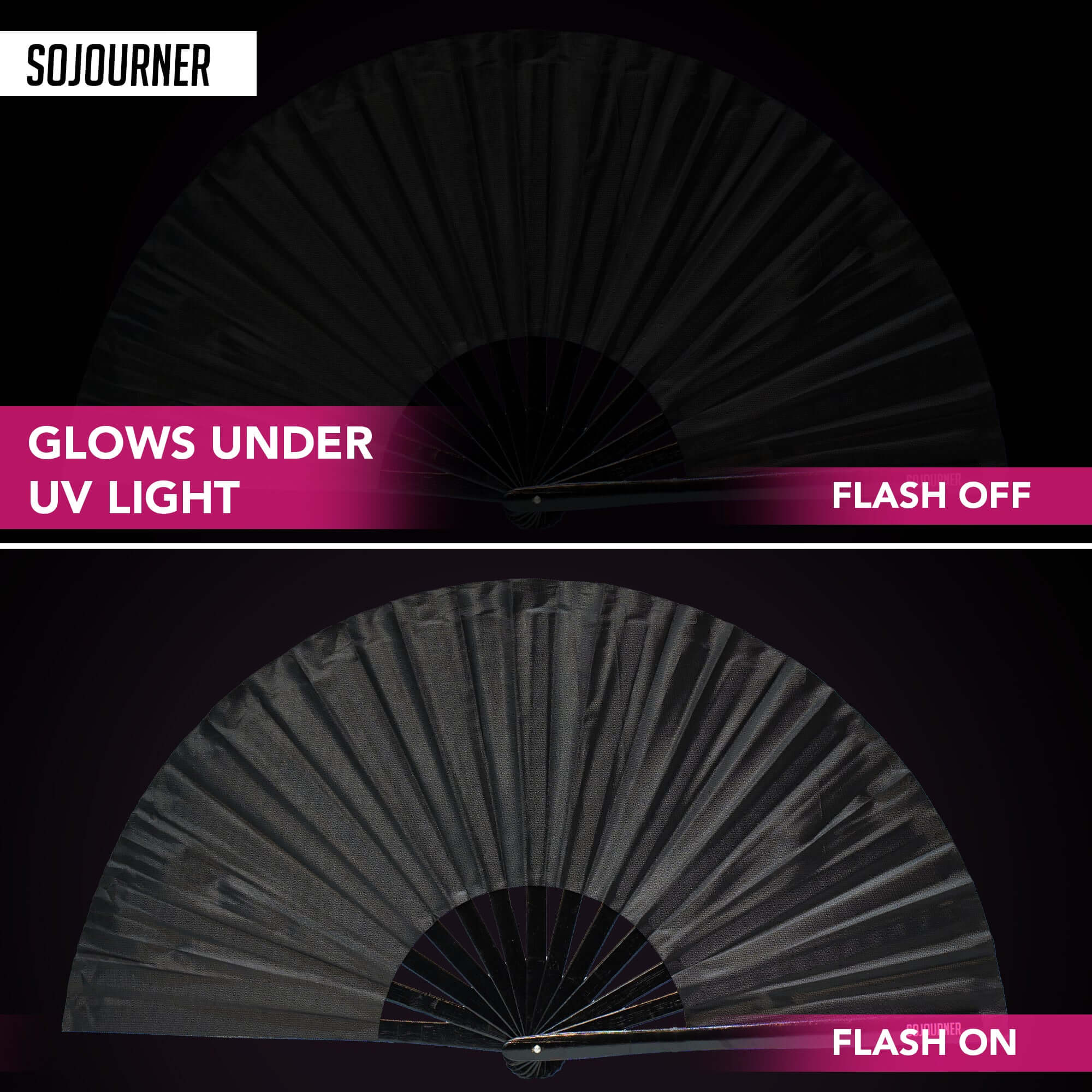 Festival Fans that glow under UV light, showcasing the stunning bamboo handheld fan for rave outfits.